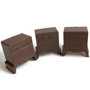 1950s Plasco Miniature Dollhouse Set of 3 Brown Nightstands 1:18 Scale